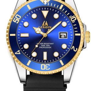 LN LENQIN Men's Waterproof Watch - 0548 Analog Quartz with Silicone Band. Black Dial. Stainless Steel Case. Luminous. 48mm.